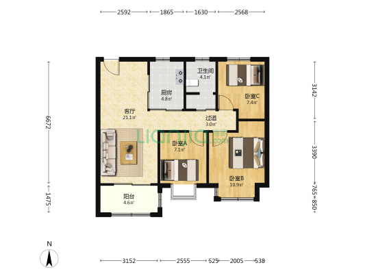 银城中奥君荟 3室1厅1卫 89平方