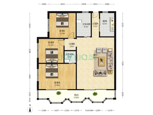 大众公寓 3室1厅2卫 176平方