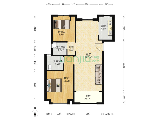 泽信·渤龙云筑 2室1厅2卫 92平方