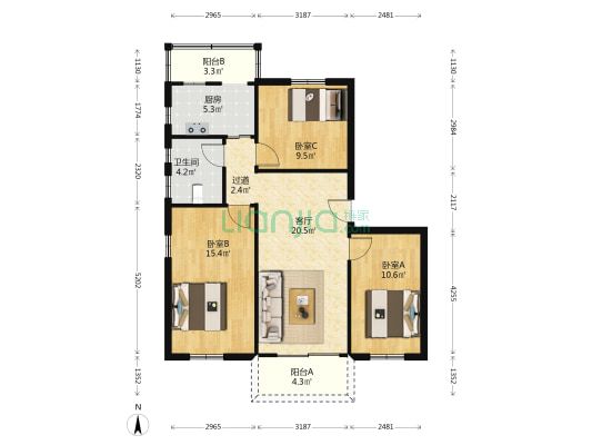 五山团校宿舍 3室1厅1卫 93平方