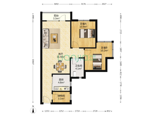 香海上峰 2室1厅1卫 85平方