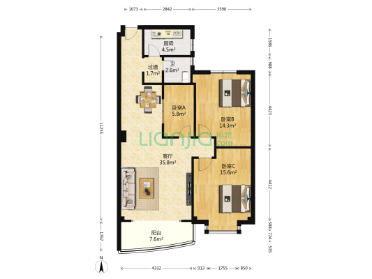 湖南环保涂料城 3室1厅1卫 115平方