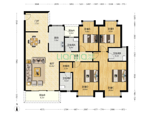 宏达新城 4室1厅3卫 148平方