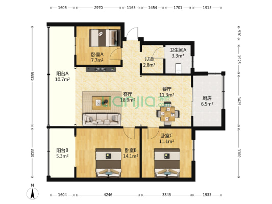 云南财经大学秋园 3室2厅1卫 80平方