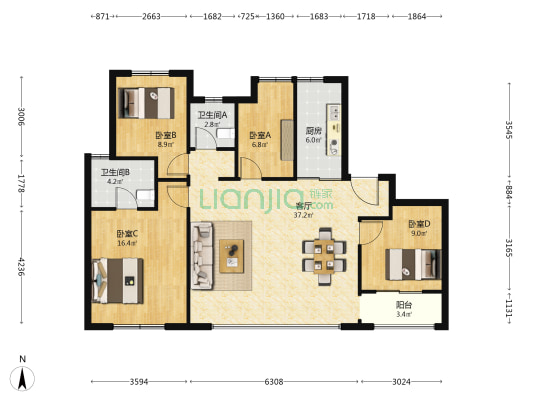 鹿鸣悦苑 4室1厅2卫 142平方