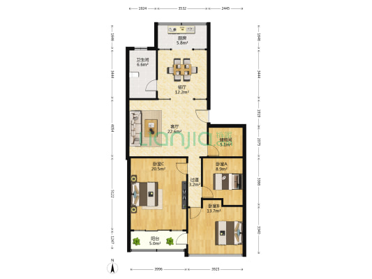 嘉麟花园 3室2厅1卫 116平方