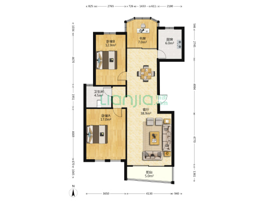 银洲花园 3室1厅1卫 116平方