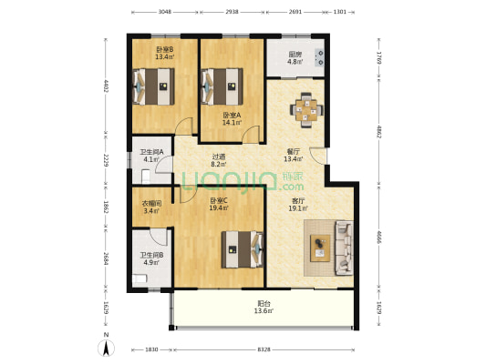 黄河职工疗养院 3室2厅2卫 148平方