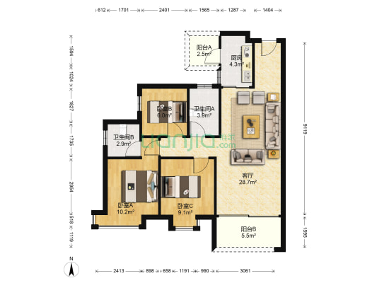 融创松湖澜园 3室1厅2卫 88平方