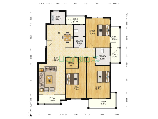 正北将军花园 3室1厅2卫 148平方