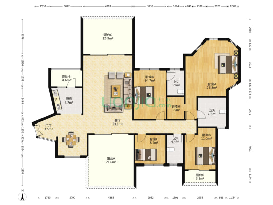 天湖郦都1期 4室1厅3卫 191平方