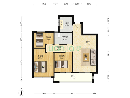 清江名潮院 3室1厅1卫 90平方