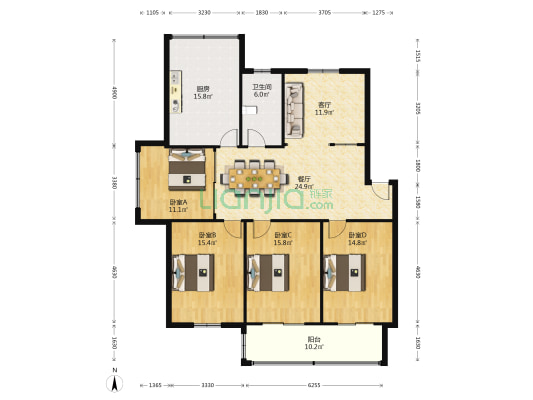 金辉花园 4室2厅1卫 138平方