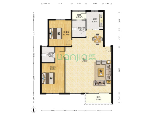 嘉多利花园 2室1厅2卫 121平方