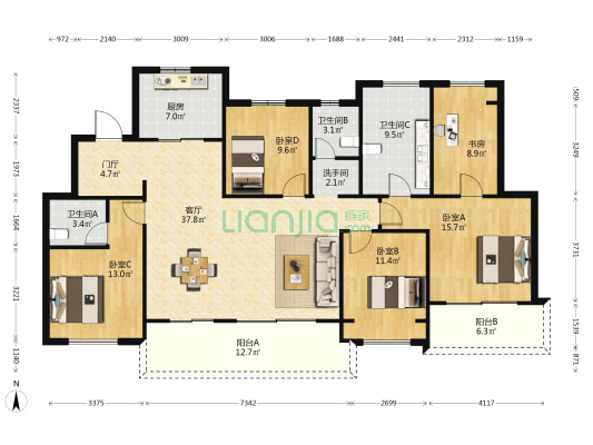 朗诗新郡2期 5室1厅4卫 163平方