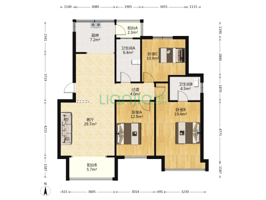 国骅天波 3室1厅2卫 129平方