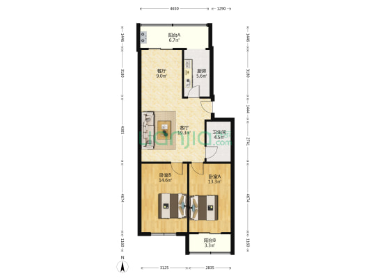 海源公寓 2室2厅1卫 94平方