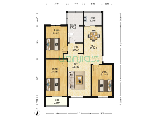 黄河路35号院 3室2厅1卫 100平方