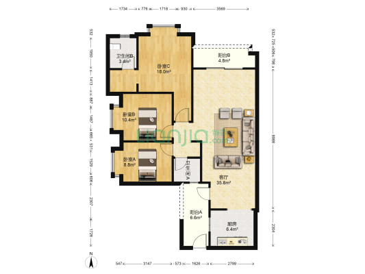 都灵态度 3室1厅2卫 118平方