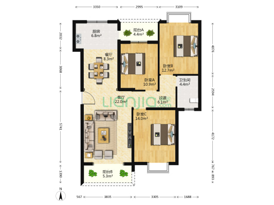 黄冈滨湖农苑 3室2厅1卫 126平方