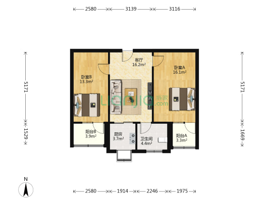 河纺街七号院 2室1厅1卫 76平方