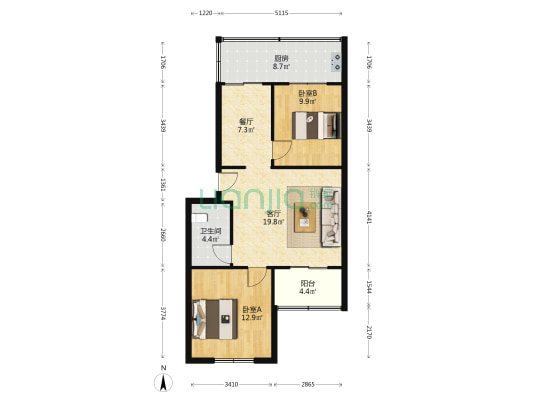 山西铁道职业技术学校家属楼 2室2厅1卫 77平方