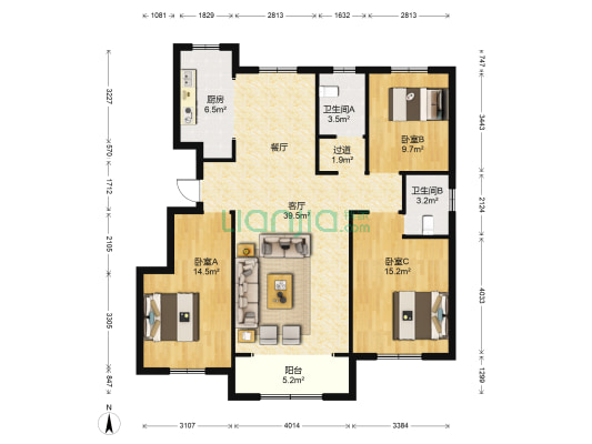 普利斯花园 3室1厅2卫 135平方