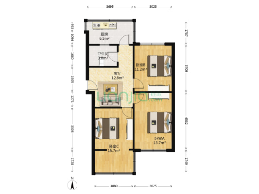 群和街3号 3室1厅1卫 78平方