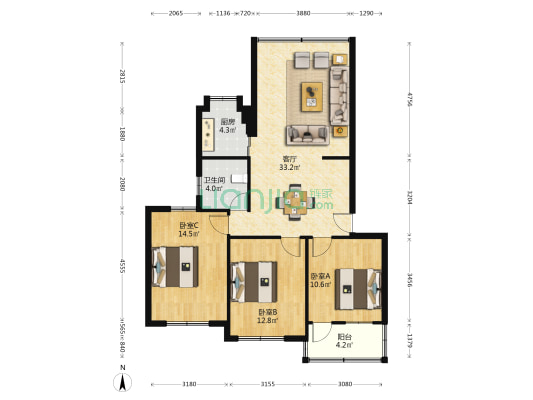 广西壮族自治区纺织总会宿舍 3室1厅1卫 98平方