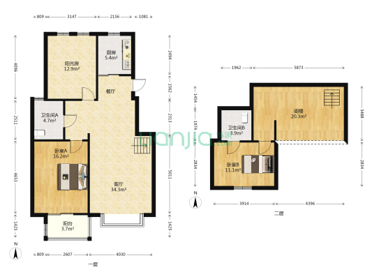 英俊名邸 2室1厅2卫 91平方