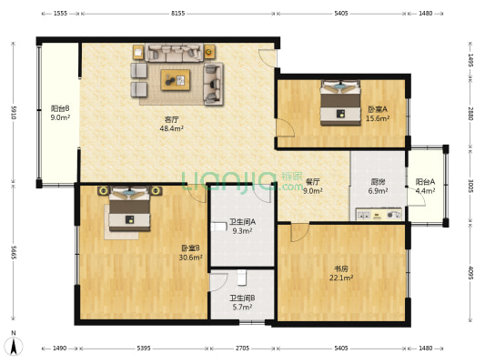 河松小区二期 3室2厅2卫 180平方