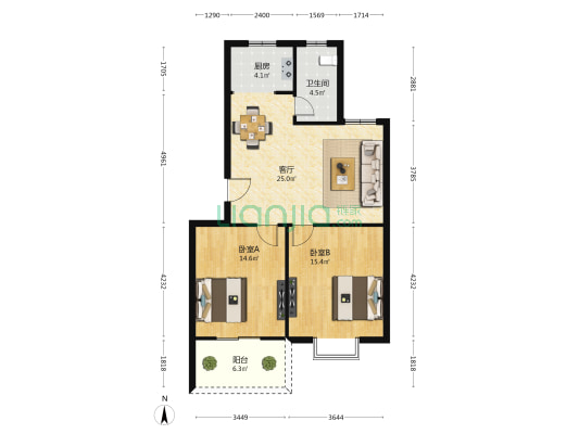 嘉城绿都铃兰苑 2室1厅1卫 86平方