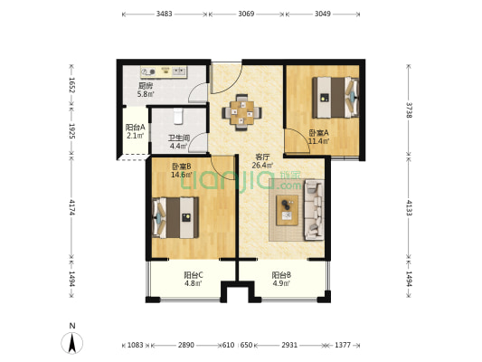 新涟中花园 2室1厅1卫 106平方