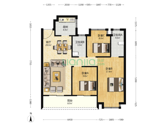 玲珑河畔 3室1厅2卫 112平方