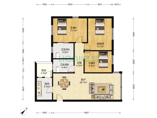 松涛南苑 2室1厅2卫 100平方