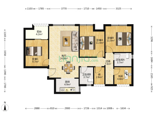 金科中建集美阳光 4室1厅2卫 98平方