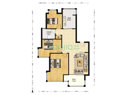 万达华府西苑 3室1厅1卫 107平方