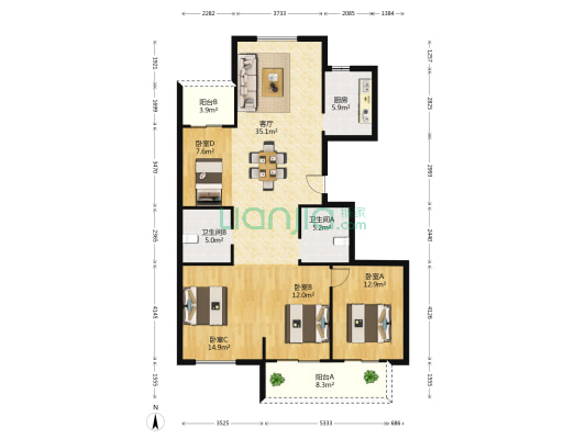 龙润中港名都 4室1厅2卫 142平方
