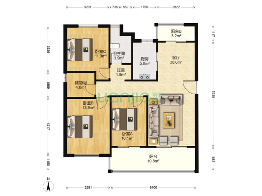 颍上碧桂园 3室1厅1卫 121平方