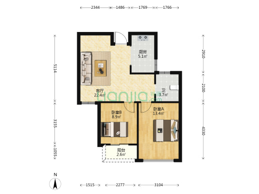 人民花苑 2室1厅1卫 81平方