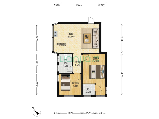 桥北一区 2室1厅2卫 59平方