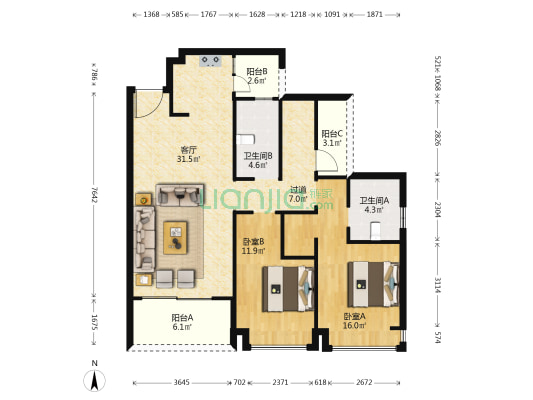 电建地产·洺悦半岛 2室1厅2卫 103平方