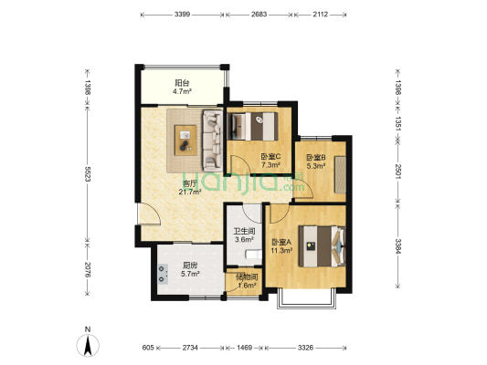 恒大名都 3室1厅1卫 96平方