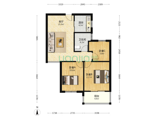 洲岛和园和景苑 3室1厅1卫 87平方