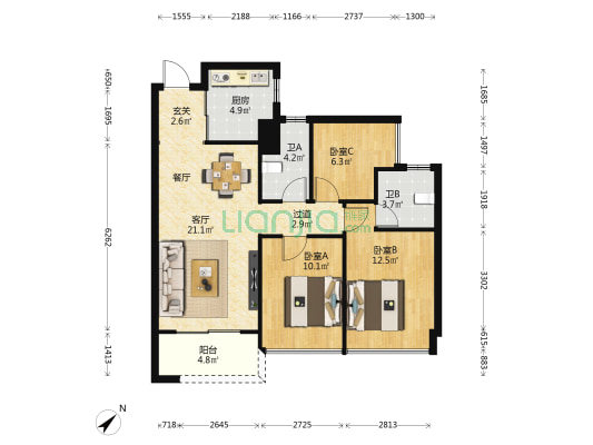 美的宝龙城 3室1厅2卫 90平方