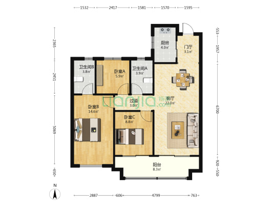 黄酒小镇映兰园 3室1厅2卫 98平方