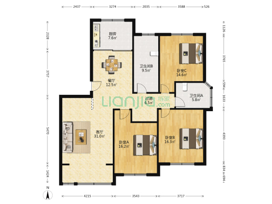 汇龙山庄 3室2厅2卫 140平方