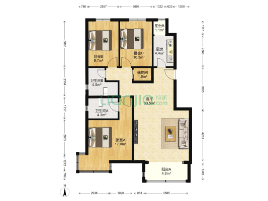 金色漫香郡北区 3室1厅2卫 113平方