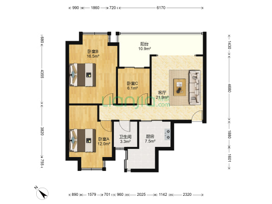U+尚舍 3室1厅1卫 88平方