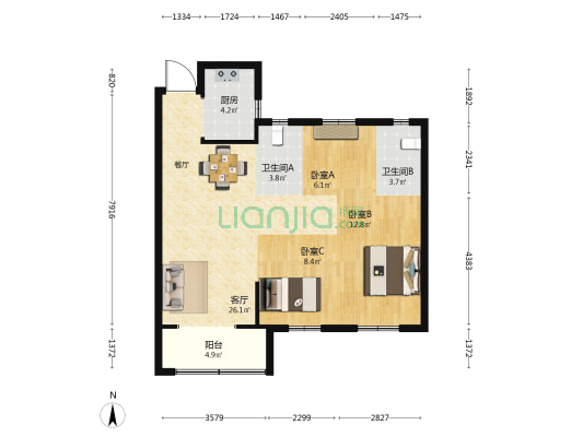 云岚居B区 3室1厅2卫 89平方